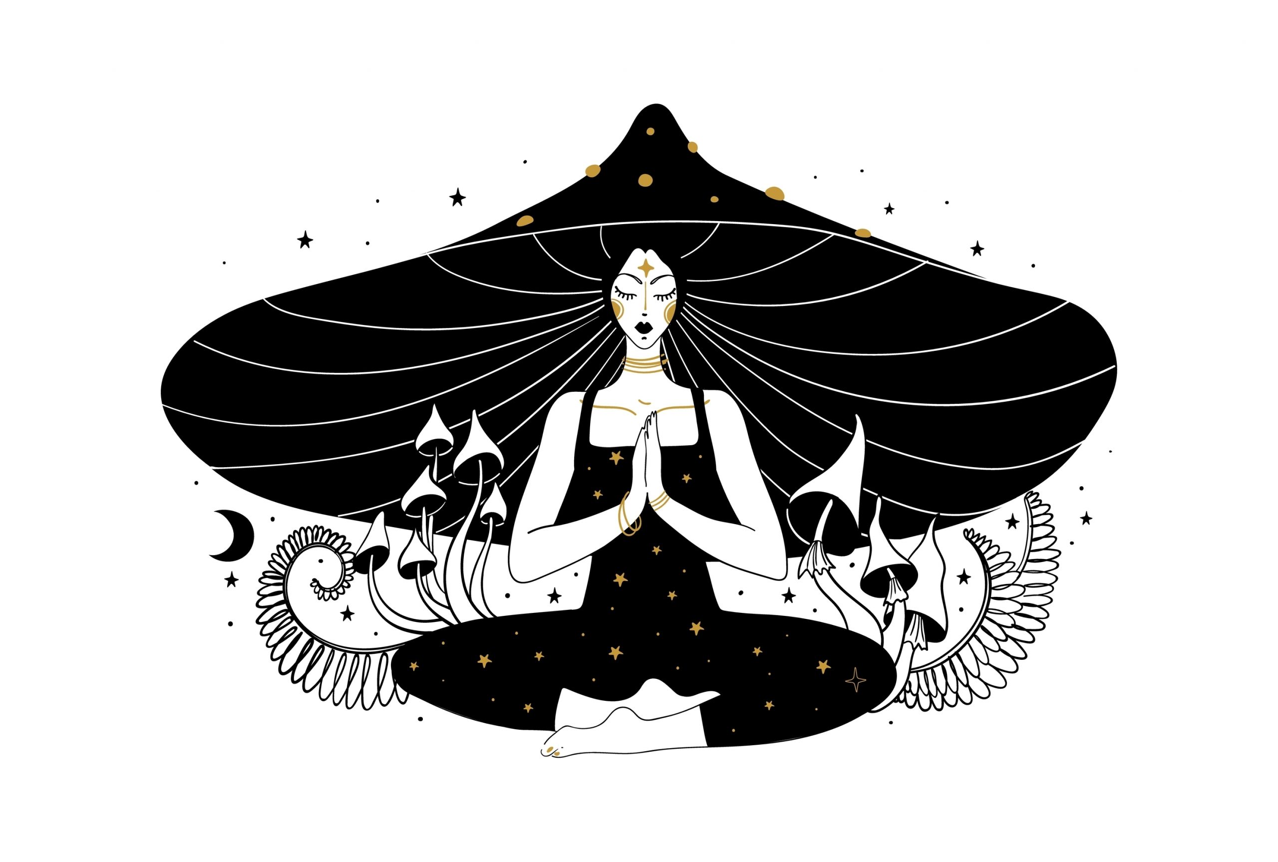 A serene figure in a black dress with a large hat, surrounded by mushrooms and celestial elements, meditating peacefully.