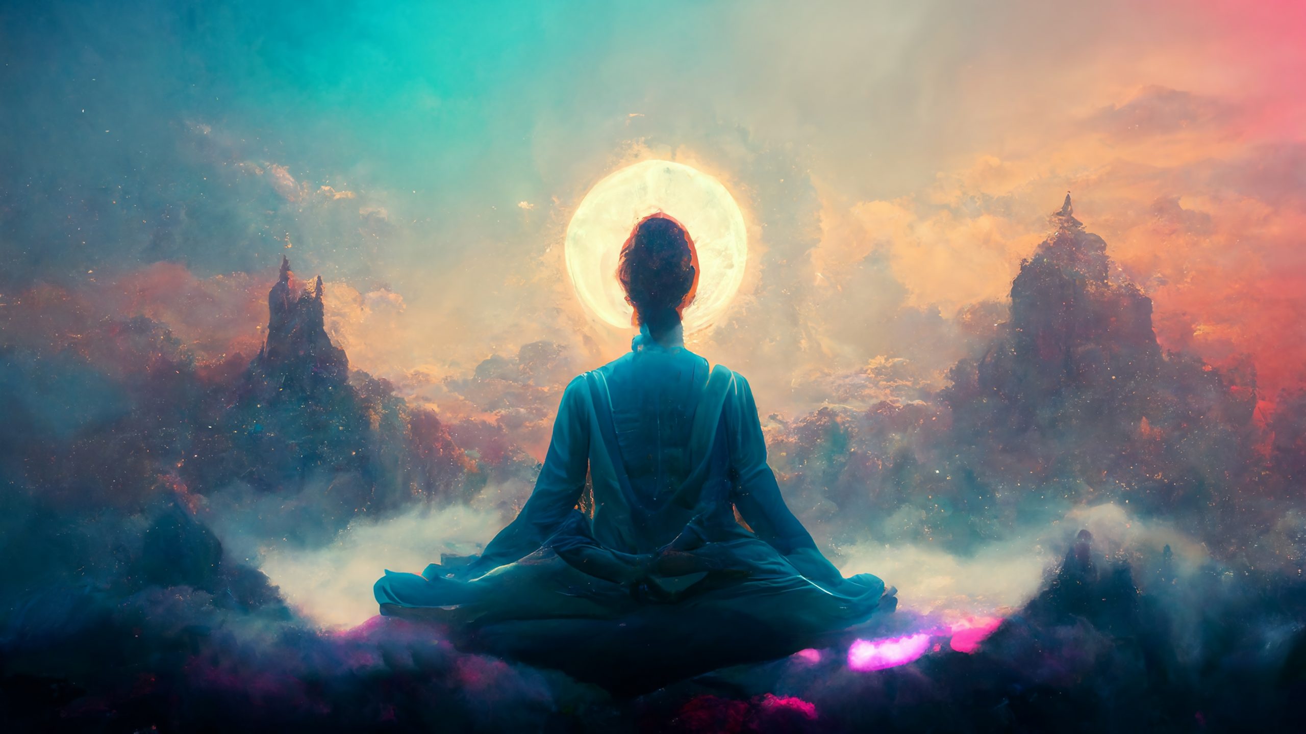 A serene figure meditates in a colorful, ethereal landscape, with a glowing halo and misty mountains in the background.