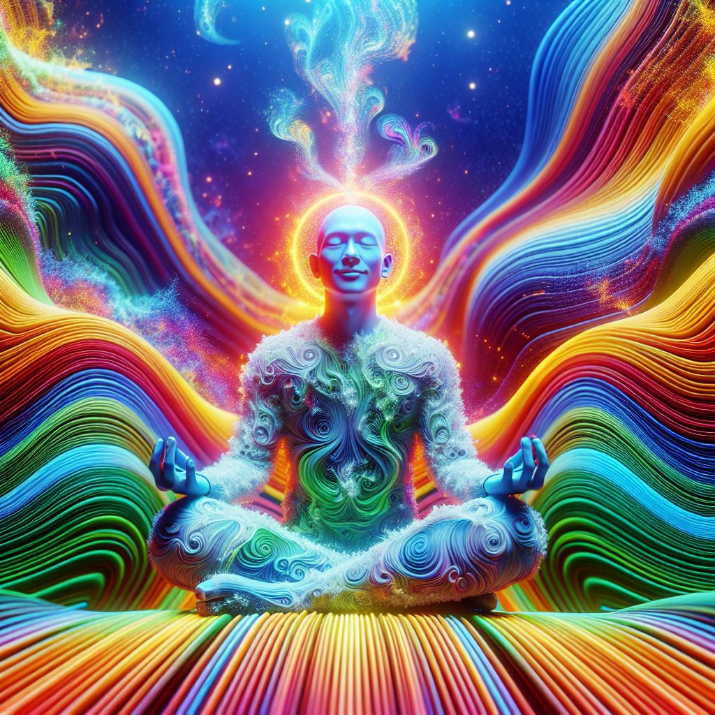 A serene figure meditates, surrounded by vibrant, swirling colors and cosmic elements, radiating a sense of peace and energy.