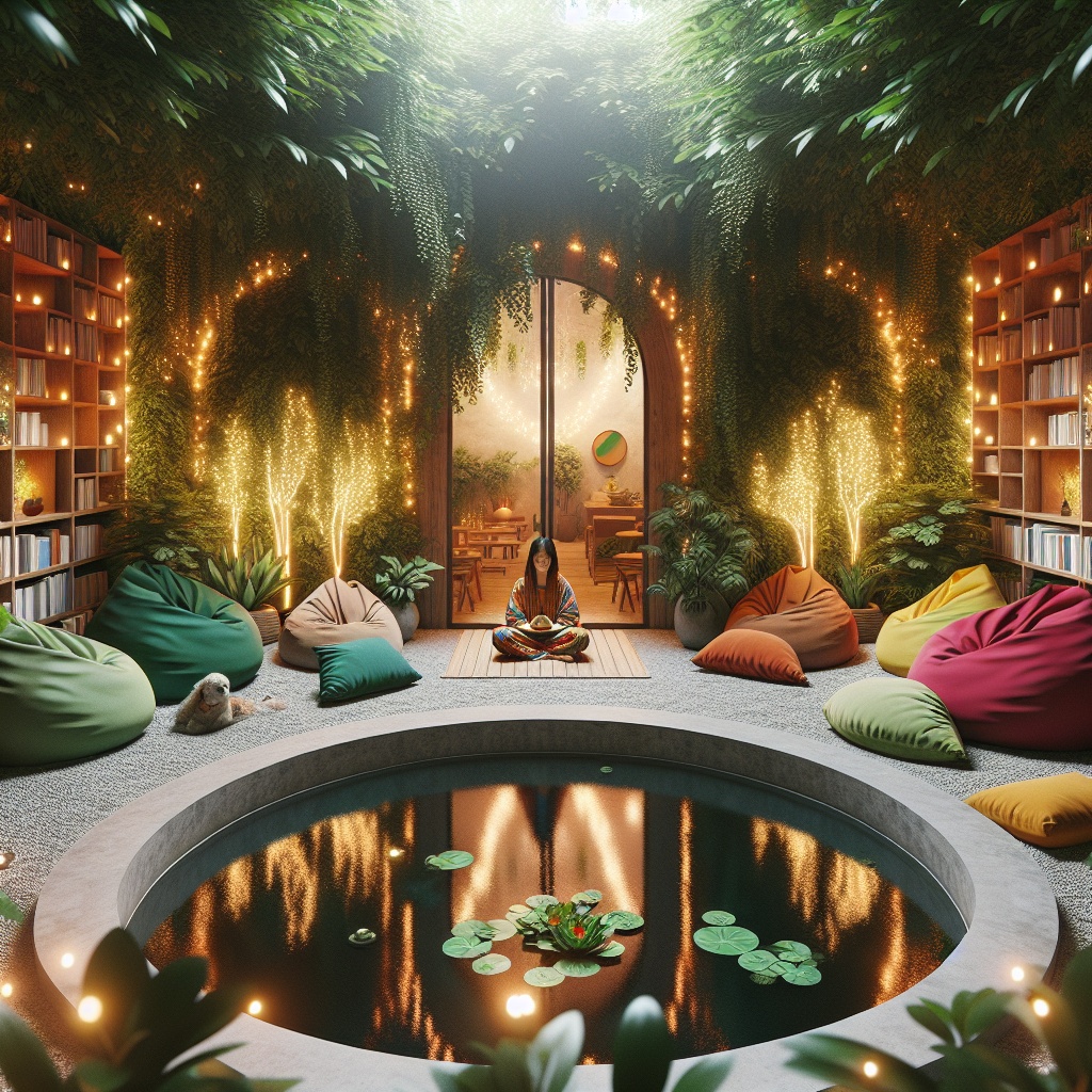 A serene indoor space with a circular pond, surrounded by vibrant bean bags and lush greenery, creating a calming atmosphere.