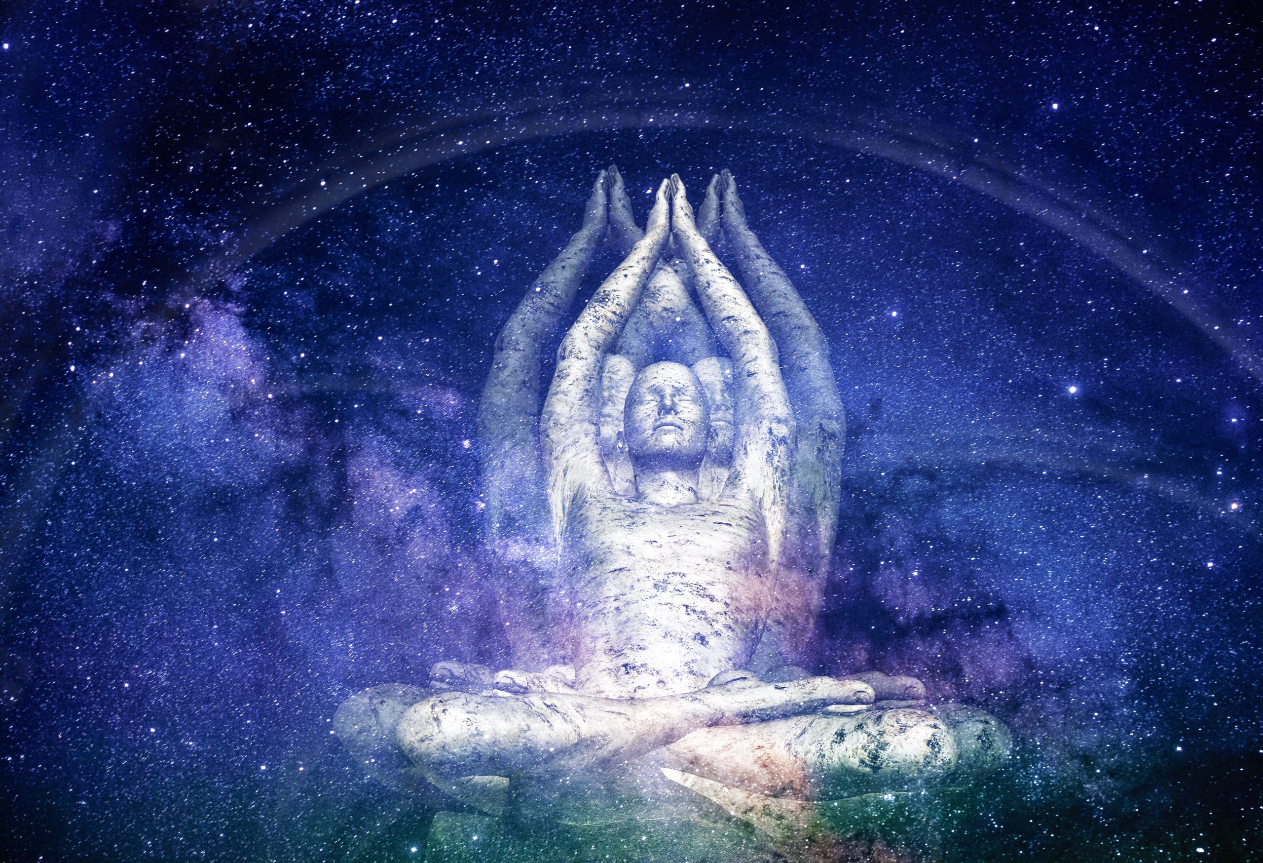 A serene, meditative figure with multiple arms, set against a vibrant cosmic background filled with stars and galaxies.
