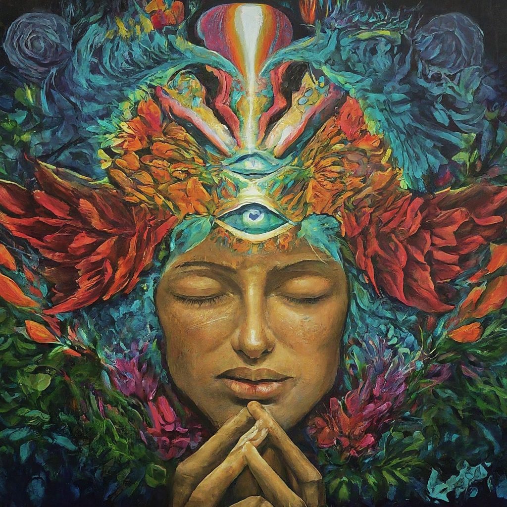 A serene woman with closed eyes, adorned with vibrant flowers and an eye symbol, surrounded by intricate, colorful patterns.