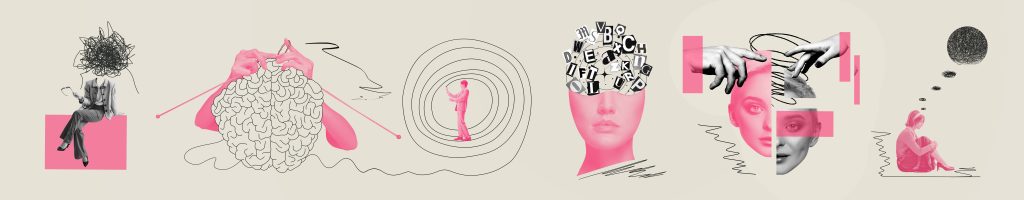 A series of abstract illustrations depicting mental chaos, creativity, and introspection in vibrant pink and monochrome to...