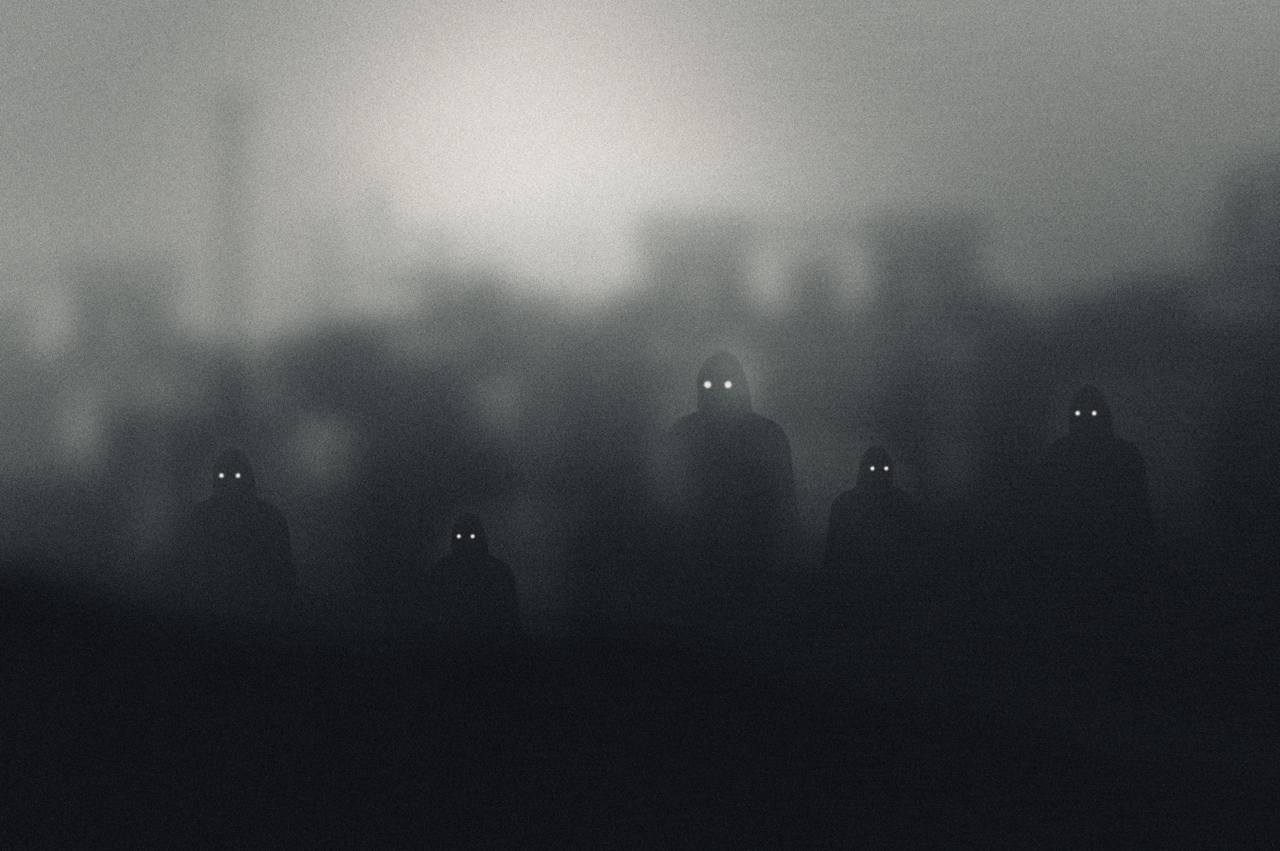 Shadowy figures with glowing eyes emerge from a foggy landscape, creating an eerie and mysterious atmosphere.