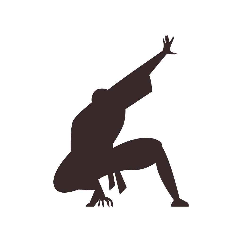 Silhouette of a dancer in a dynamic pose, one arm raised and body bent, conveying movement and energy.