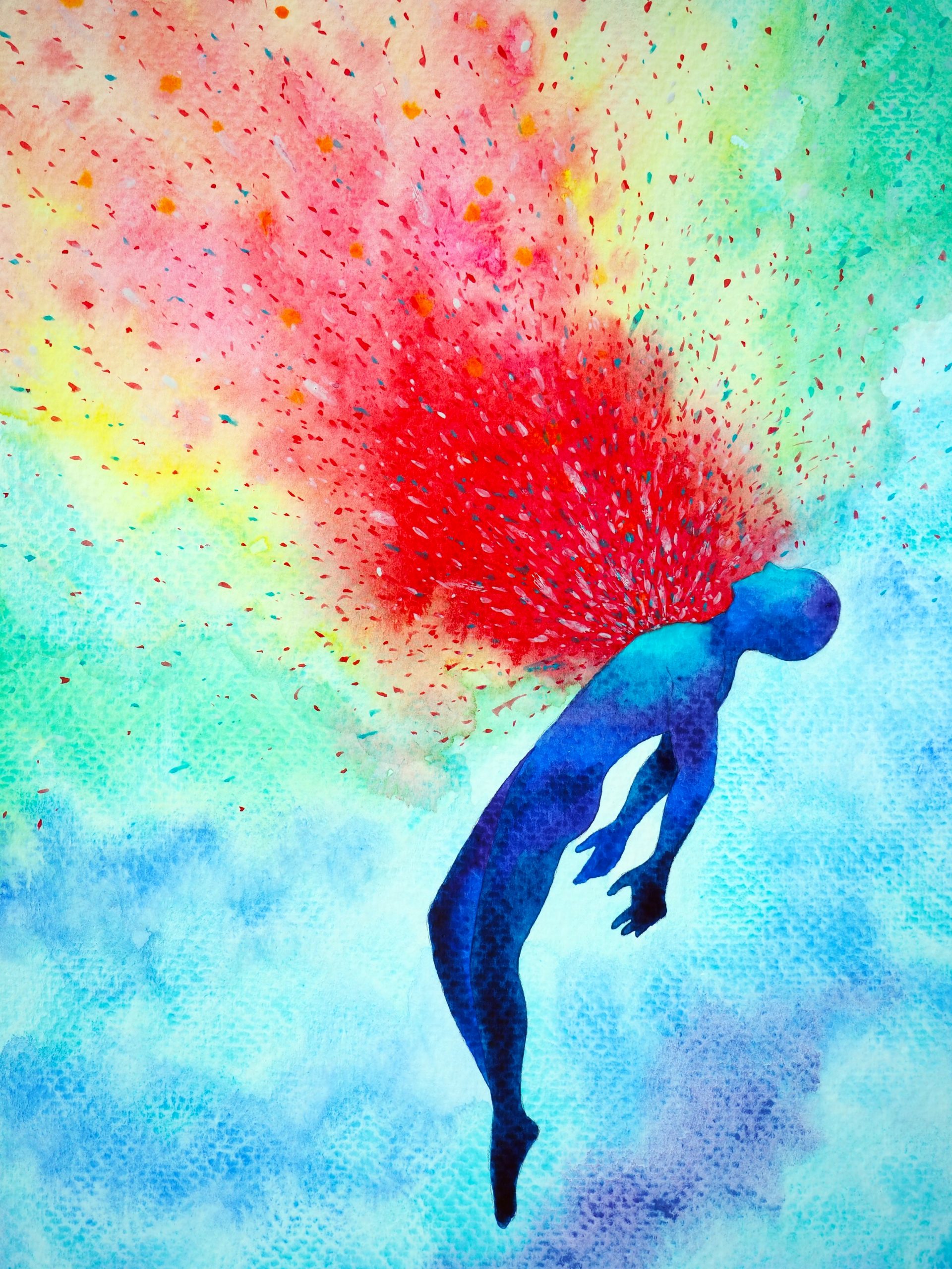 Silhouette of a figure floating upwards, with vibrant red bursts radiating from the head against a colorful, abstract back...