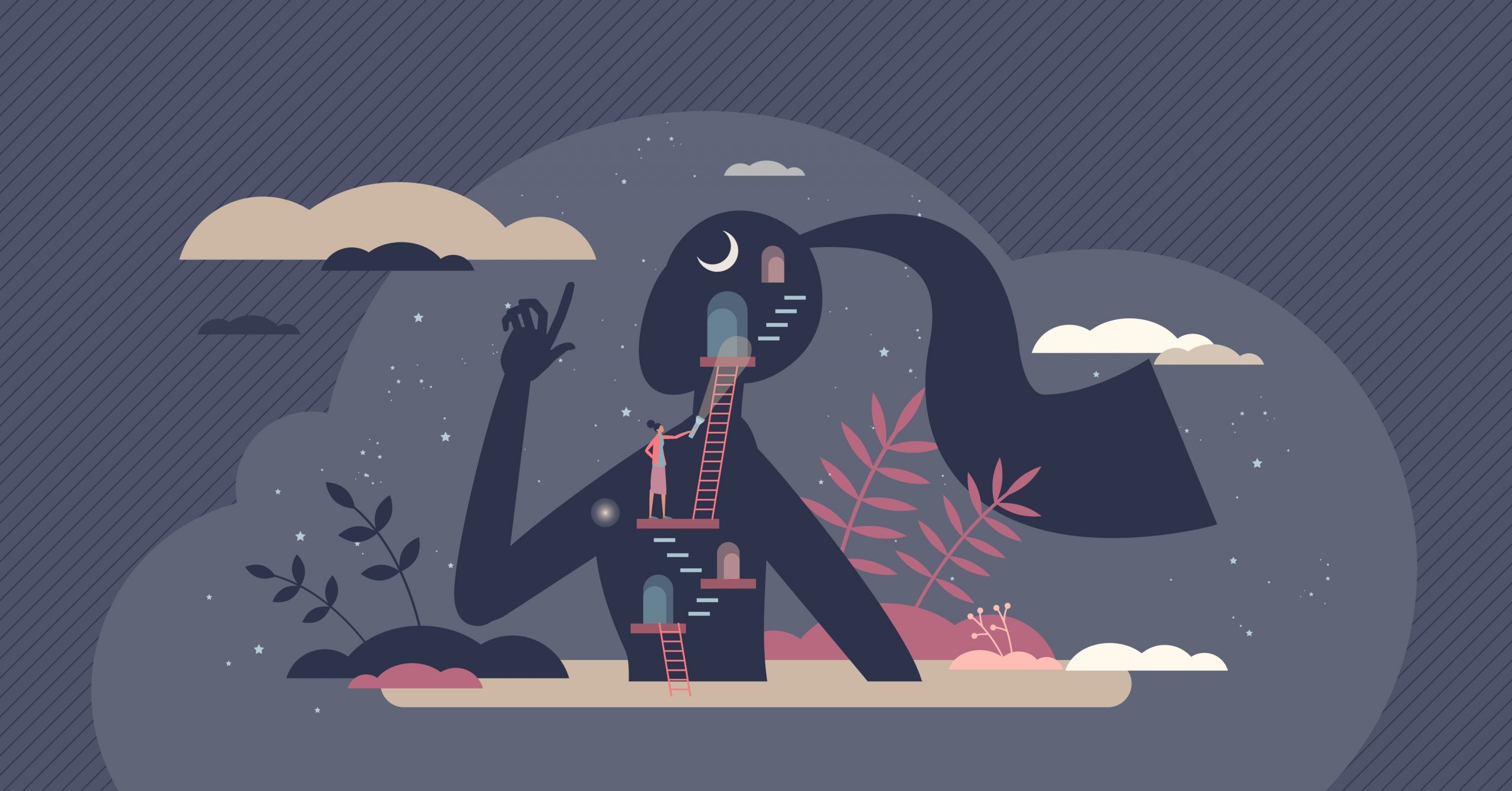 A silhouette of a figure with a winding staircase and doors, surrounded by clouds, plants, and a starry night sky.