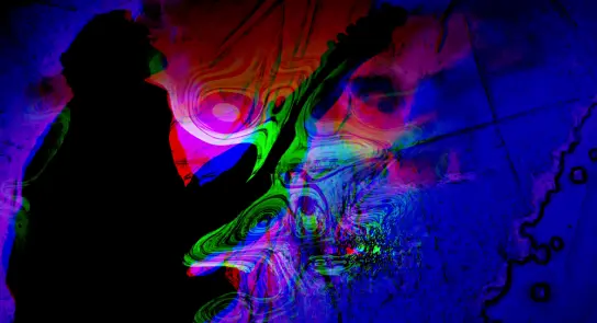 Silhouette of a guitarist against a vibrant, abstract background of swirling colors in red, blue, and green.