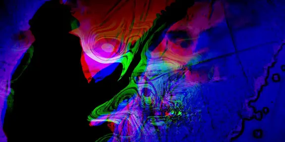 Silhouette of a guitarist against a vibrant, abstract background of swirling colors and patterns.