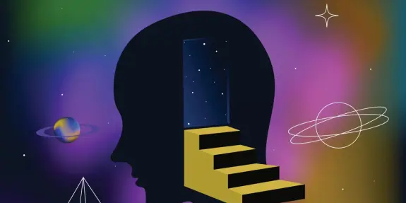Silhouette of a head with a door and stairs leading into a starry space, surrounded by planets and cosmic elements.