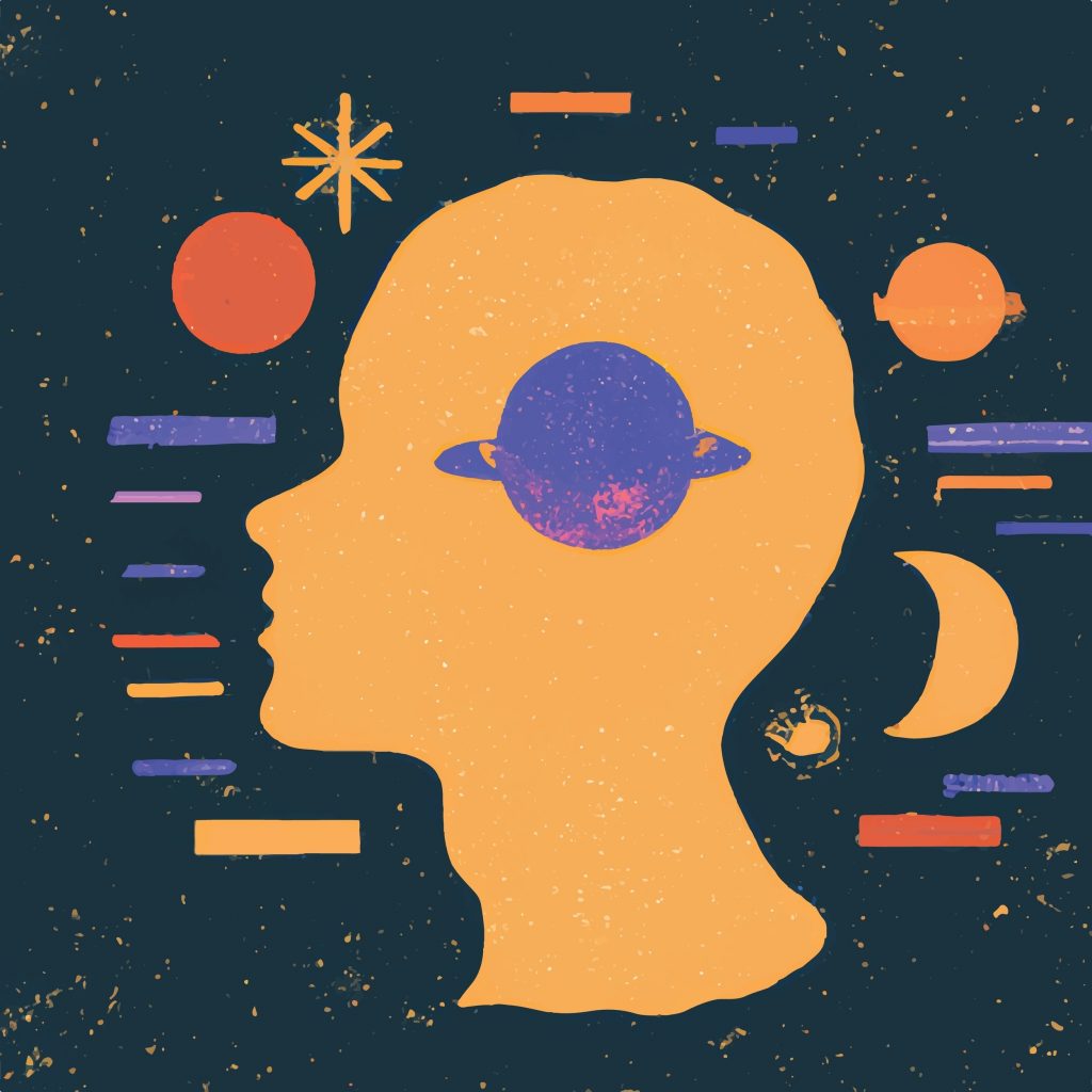 Silhouette of a head filled with planets and celestial elements against a dark background, symbolizing cosmic thoughts.