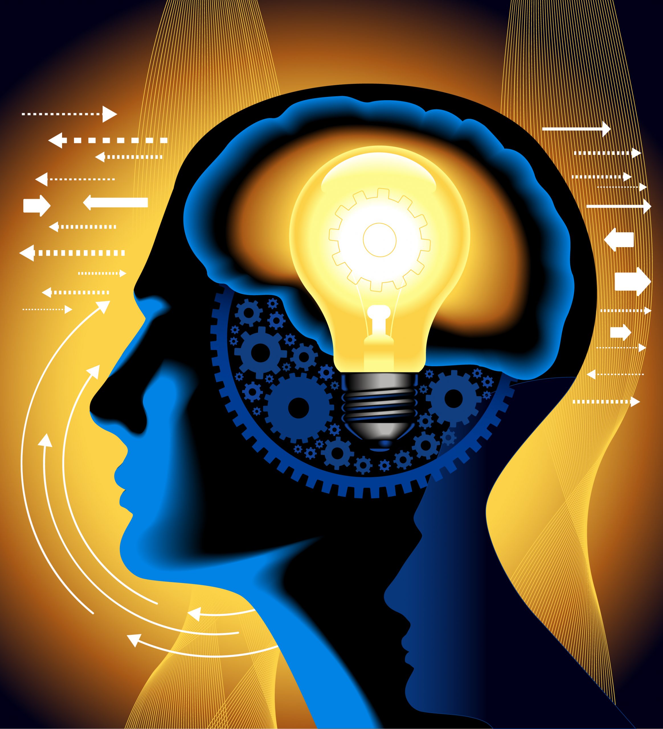 Silhouette of a head with a glowing light bulb and gears inside, symbolizing ideas and innovation against a vibrant backgr...