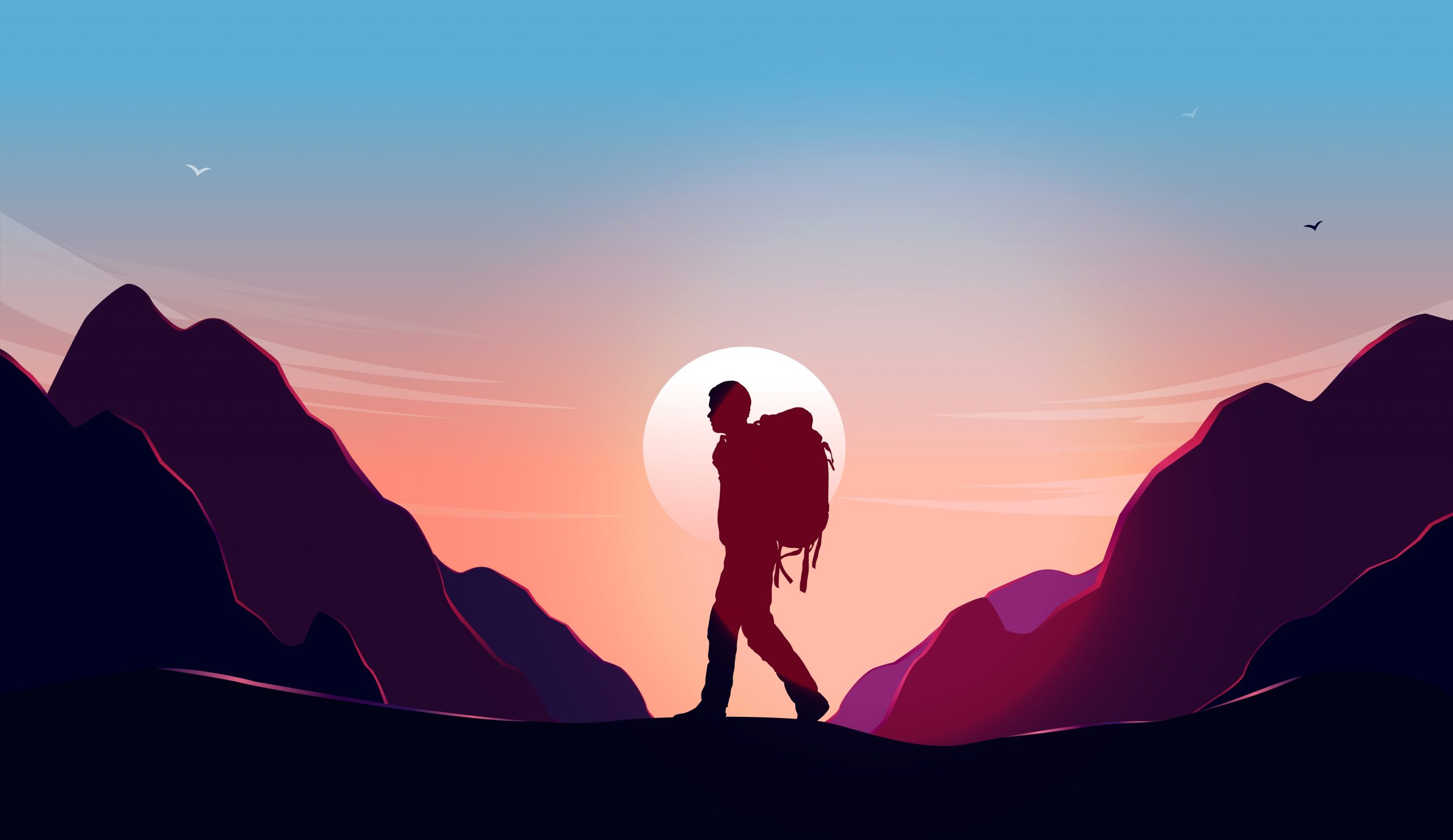 Silhouette of a hiker against a colorful sunset, surrounded by mountains.