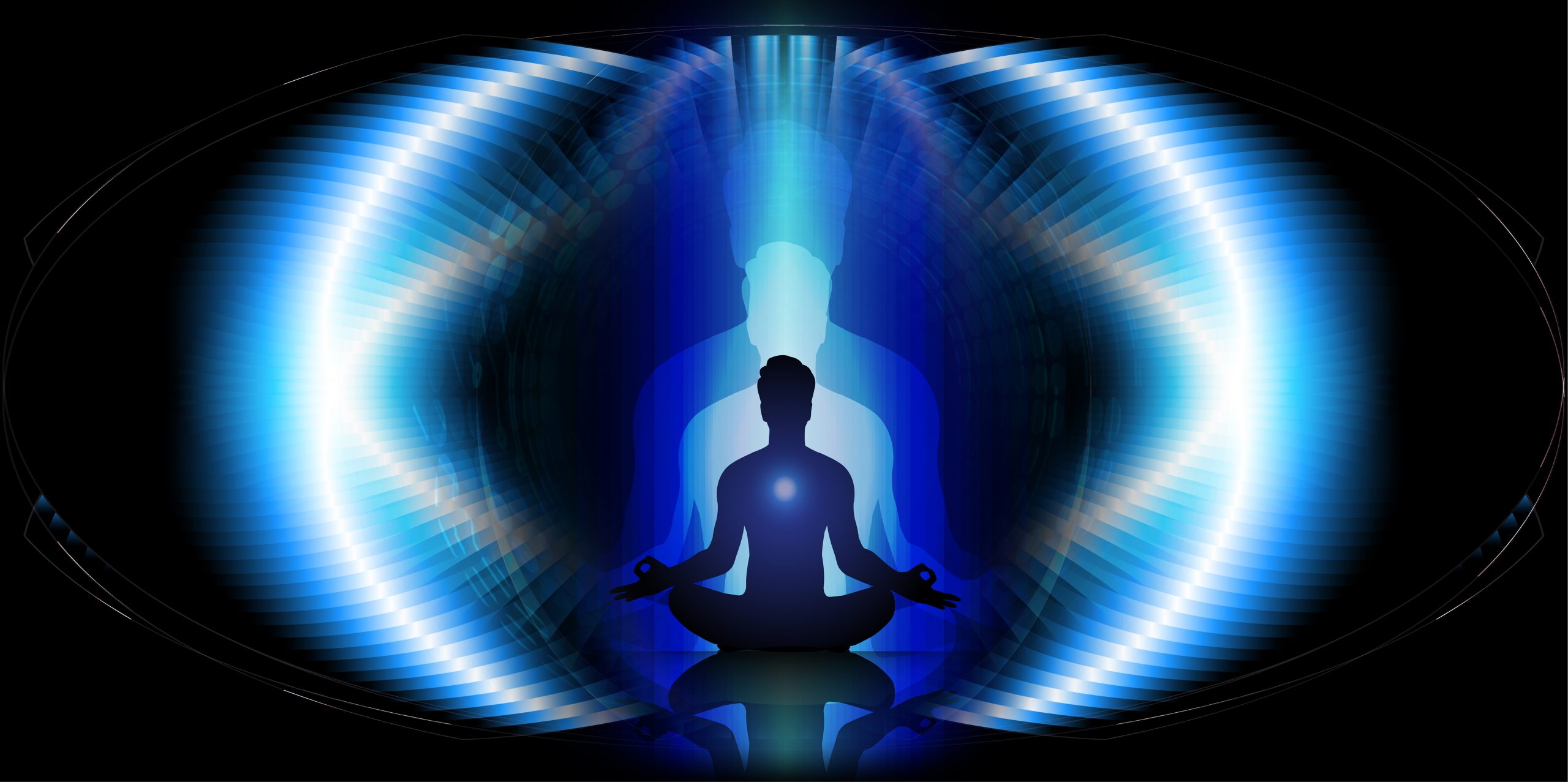 Silhouette of a meditating figure surrounded by vibrant blue light waves, creating a serene and ethereal atmosphere.
