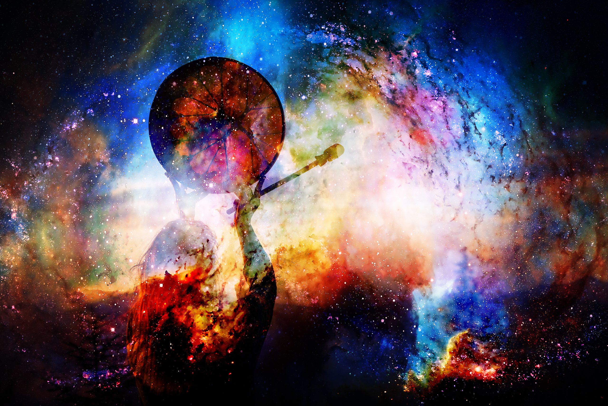 A silhouette of a musician playing a trumpet against a vibrant cosmic backdrop filled with stars and colorful nebulae.