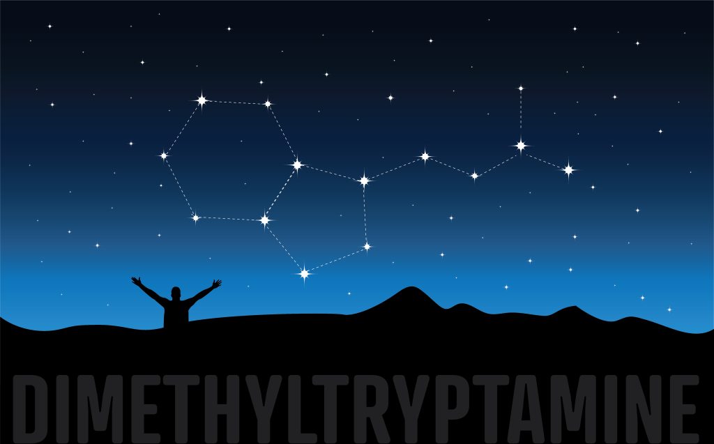Silhouette of a person with arms raised against a starry sky, featuring a constellation resembling a chemical structure.