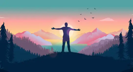 Silhouette of a person with outstretched arms against a colorful sunset over mountains and a lake, surrounded by trees.