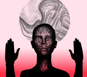 Silhouette of a person with raised hands, surrounded by a swirling pattern and a large circular shape above.