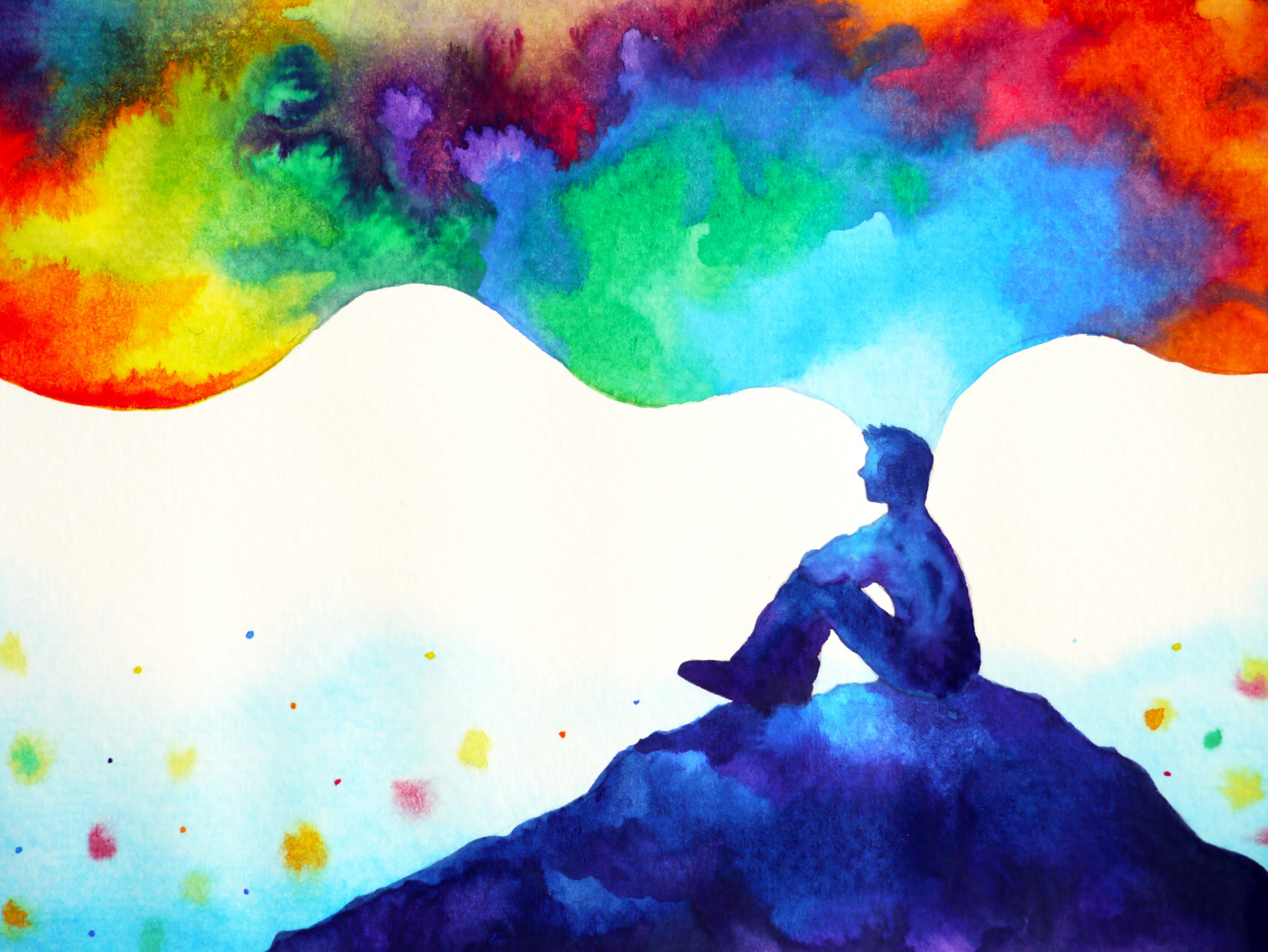 Silhouette of a person sitting on a rock, surrounded by vibrant, colorful watercolor swirls above.
