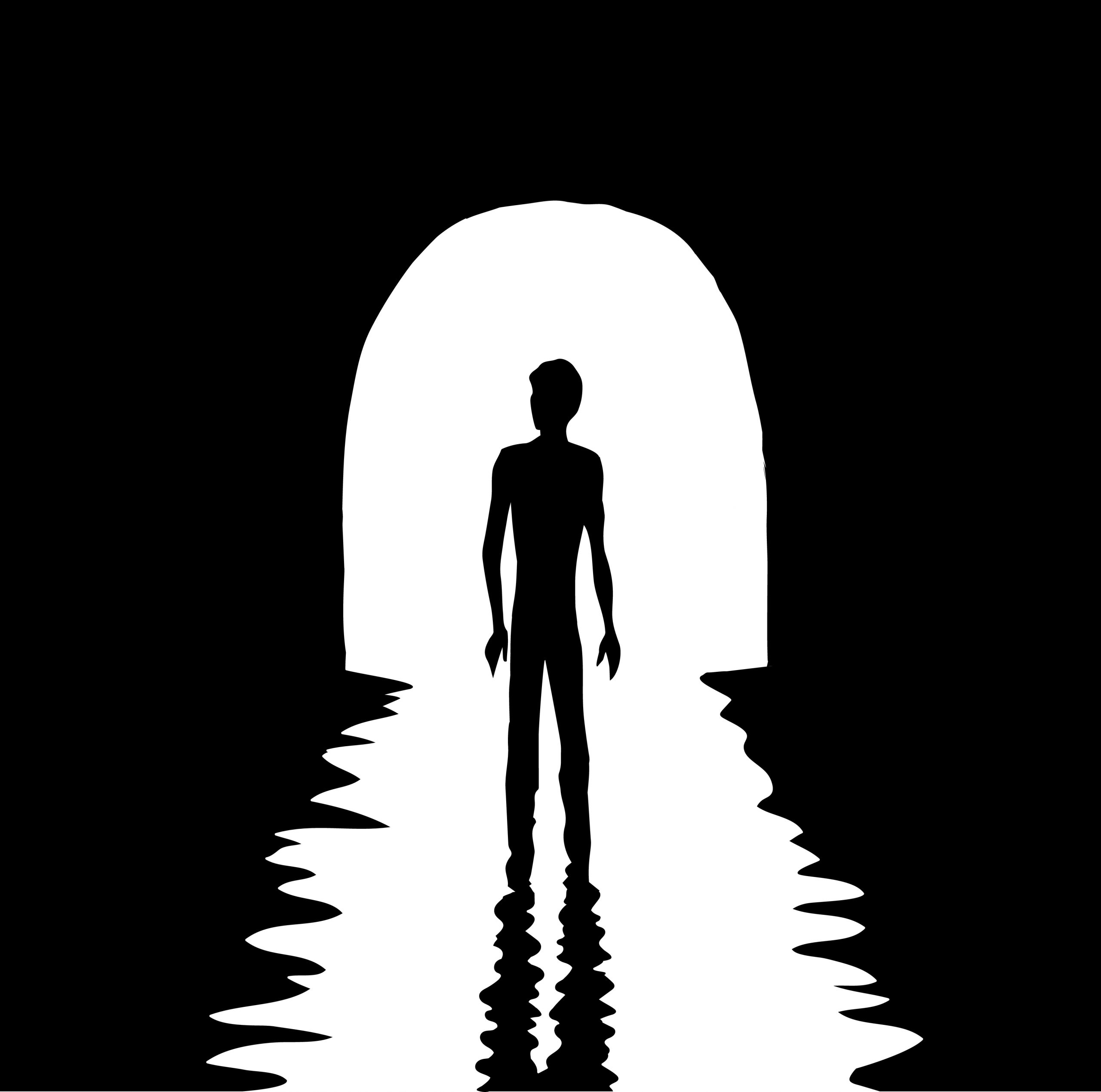 Silhouette of a person standing in water, illuminated by light from a tunnel entrance.