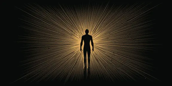 Silhouette of a person surrounded by radiant golden rays against a dark background, symbolizing enlightenment or energy.
