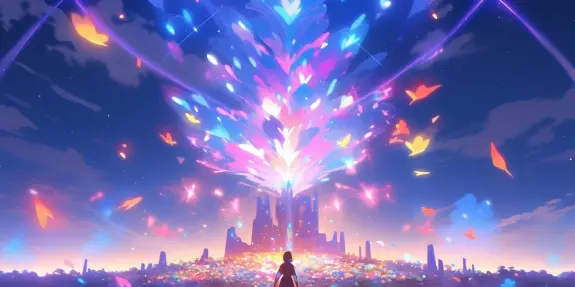 A silhouette stands before a vibrant cityscape, illuminated by colorful bursts of light and floating butterflies.