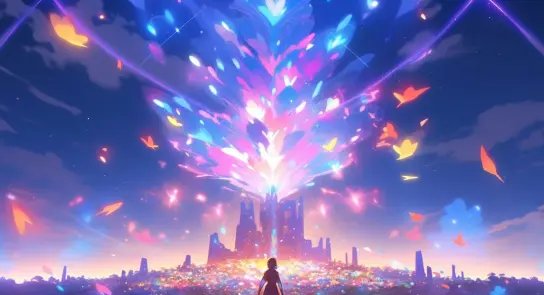 A silhouette stands before a vibrant cityscape, illuminated by colorful bursts of light and floating butterflies.