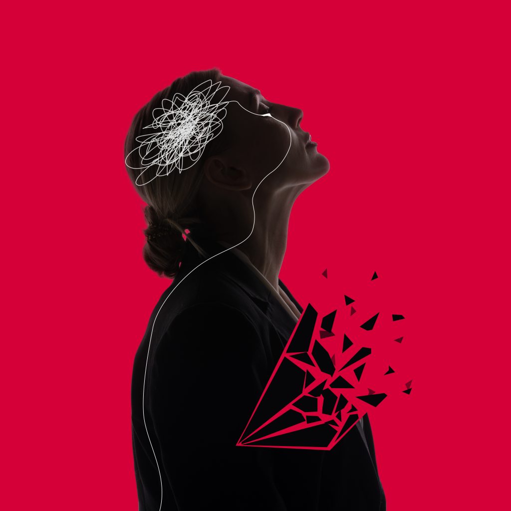 Silhouette of a woman with a floral brain design and a shattered diamond graphic against a vibrant red background.
