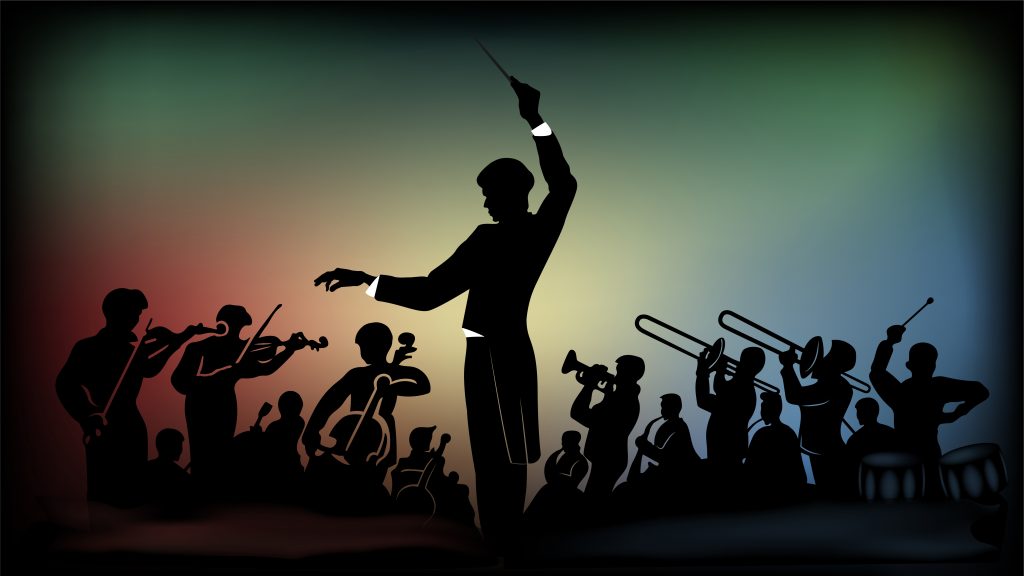 Silhouetted conductor leads an orchestra, with musicians playing strings and brass against a colorful gradient background.