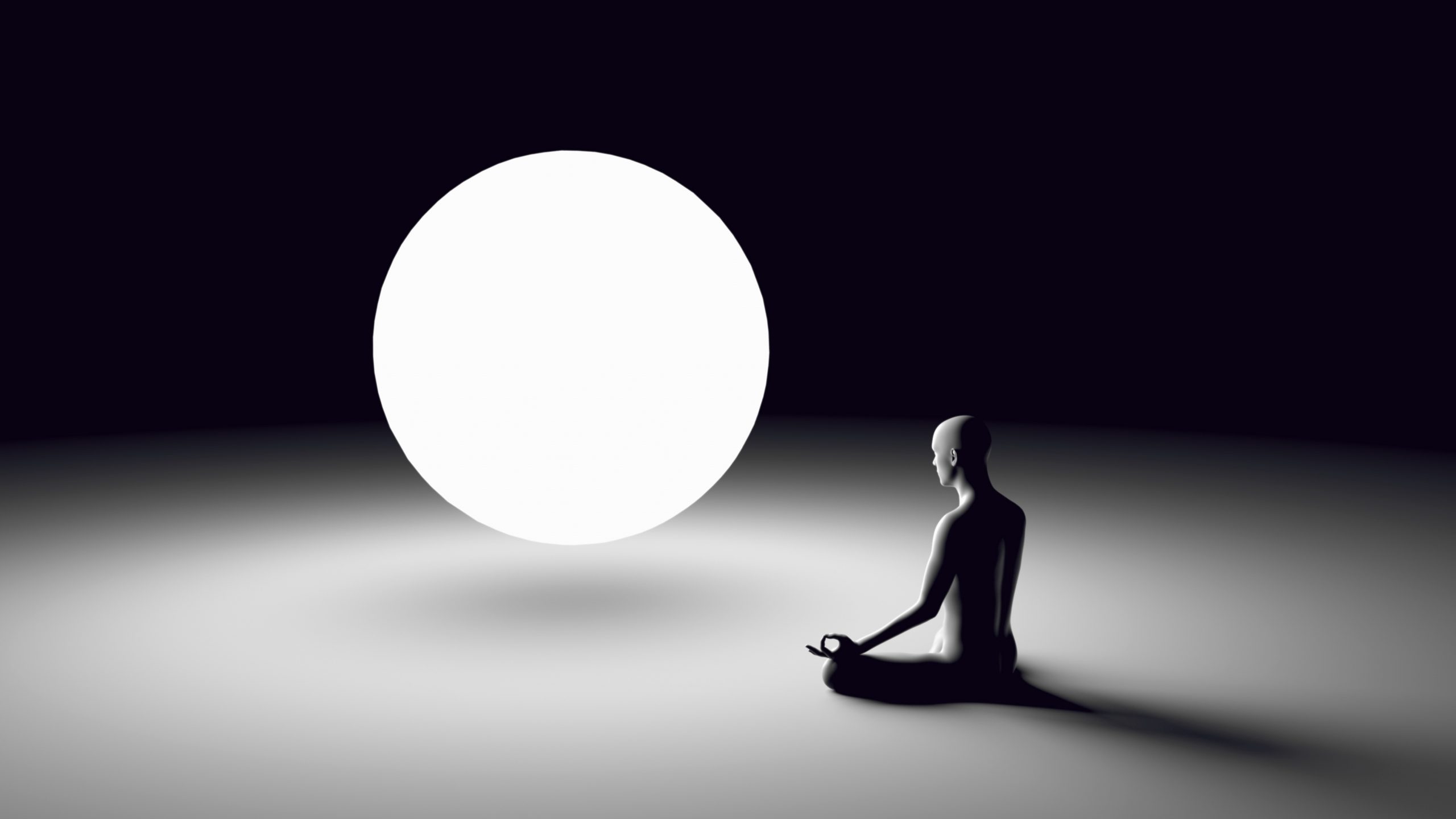 A silhouetted figure sits in meditation facing a large, glowing white sphere against a dark background.