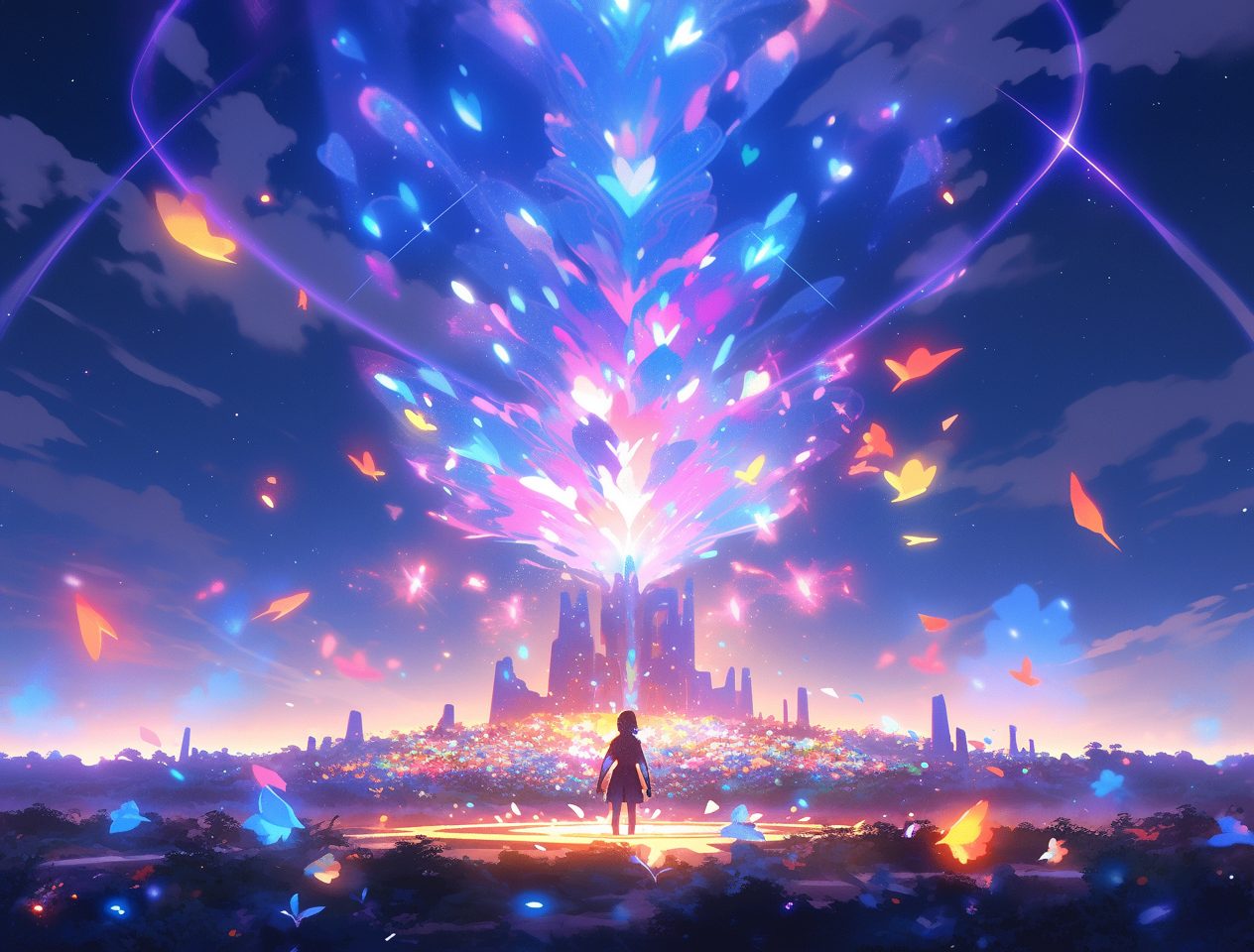 A silhouetted figure stands before a vibrant city, illuminated by colorful lights and floating butterflies against a twili...