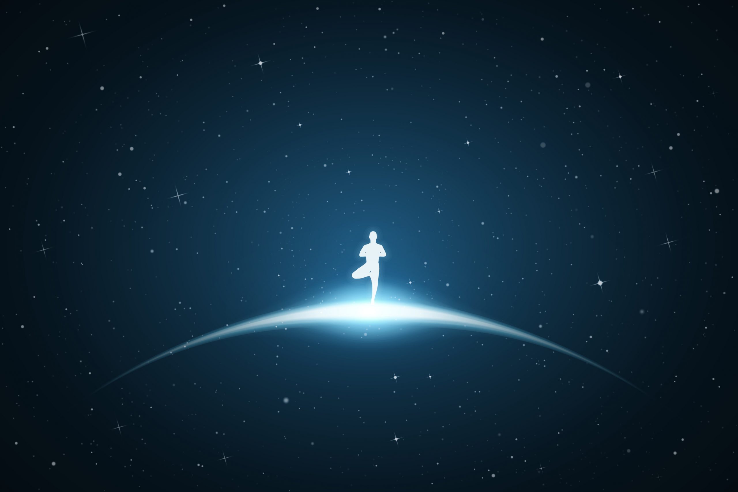 A silhouetted figure stands on a glowing horizon, surrounded by a starry night sky.
