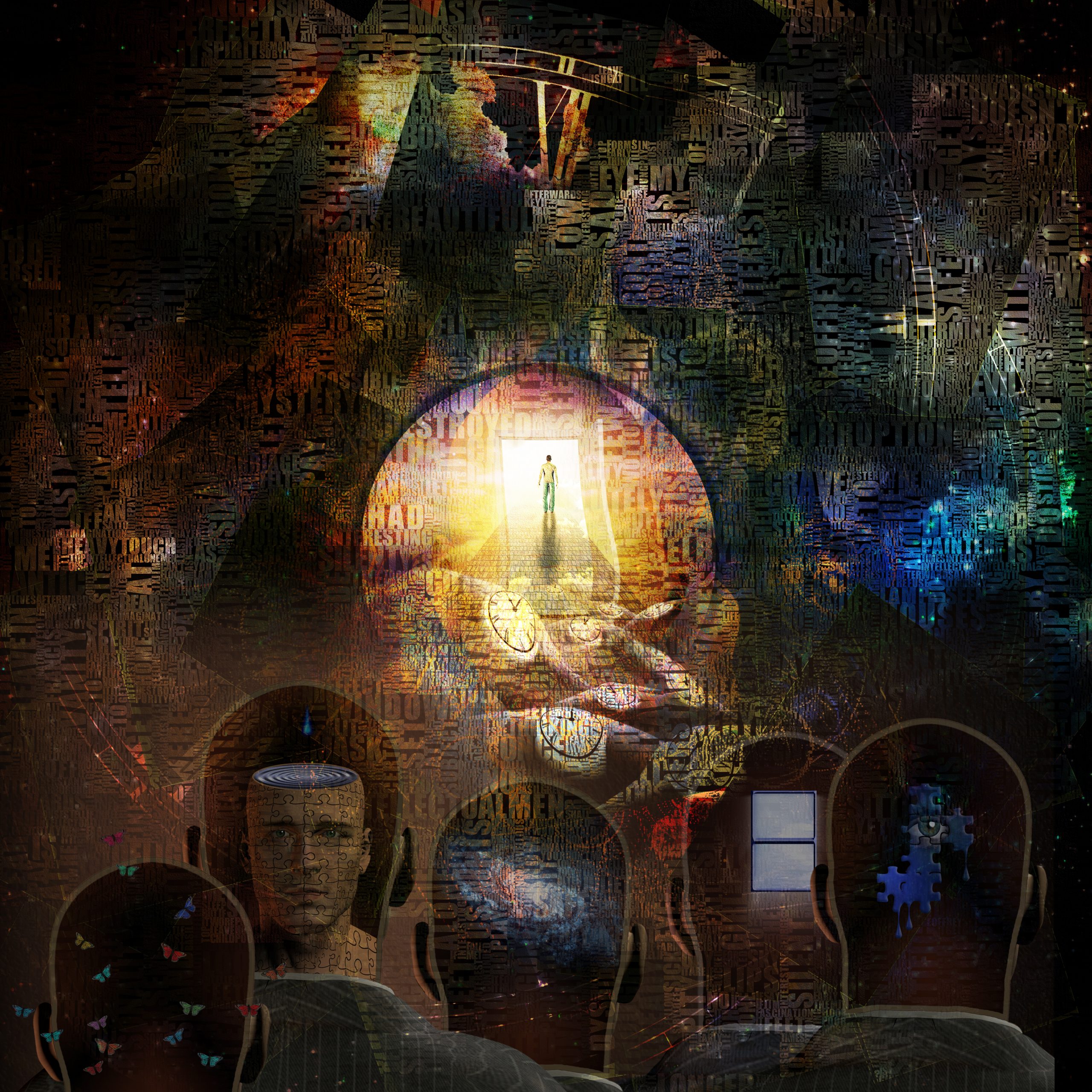 Silhouetted figures gaze at a glowing portal, surrounded by swirling cosmic patterns and layered text.