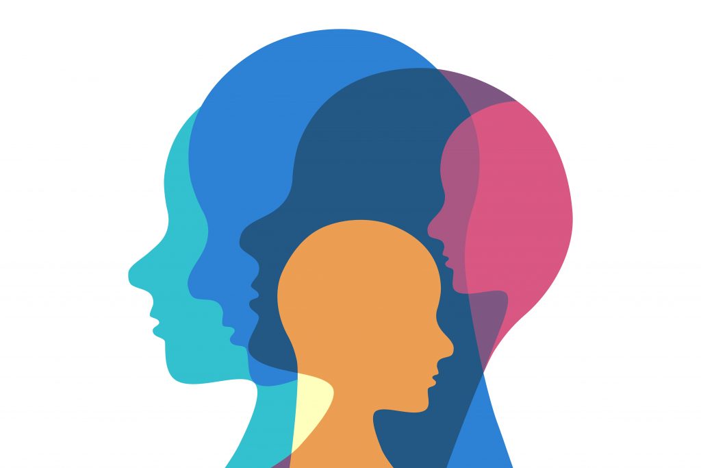 Silhouettes of human profiles in vibrant blue, pink, and orange hues layered against a white background.