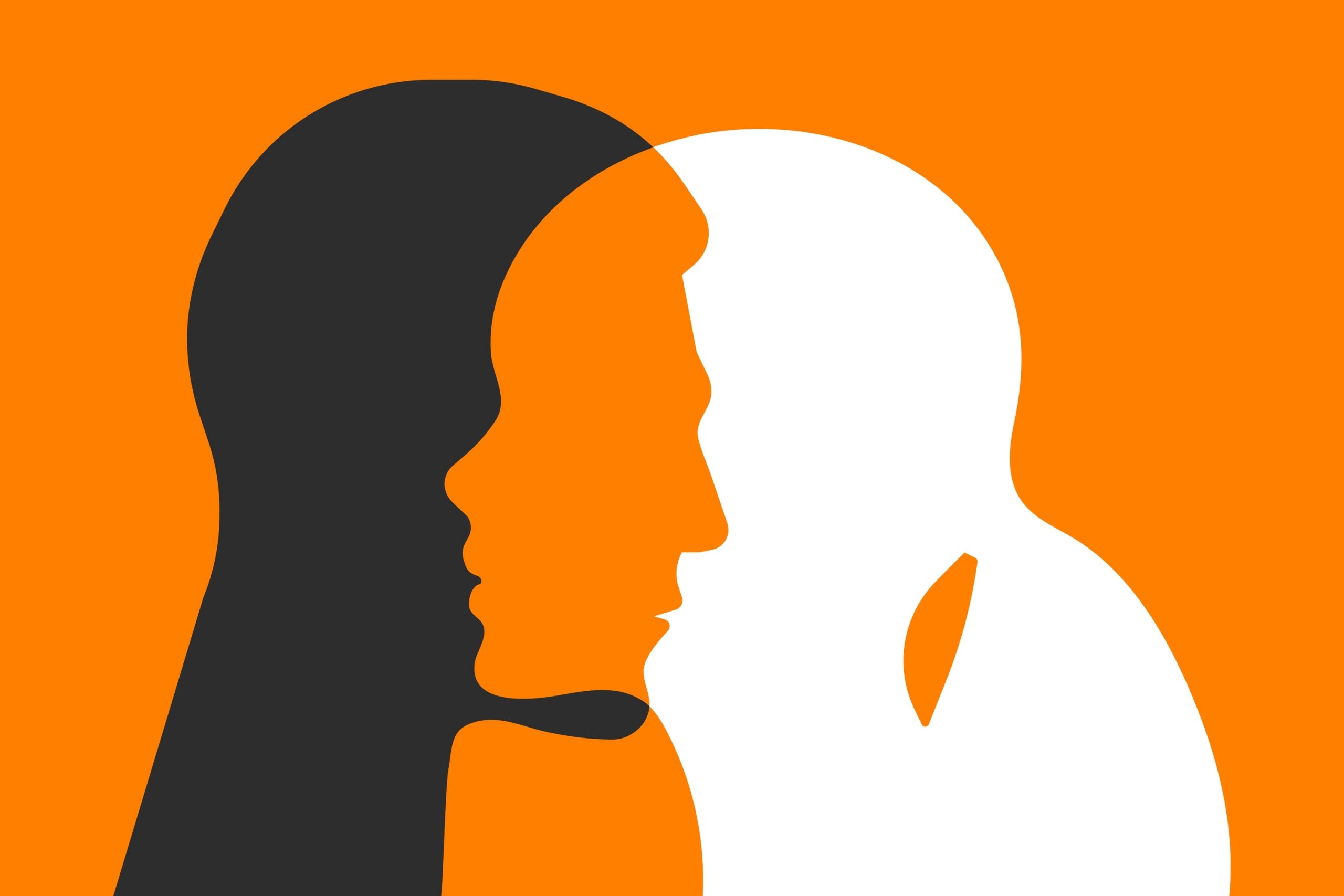 Silhouettes of a man and woman facing each other against a vibrant orange background, highlighting their profiles.
