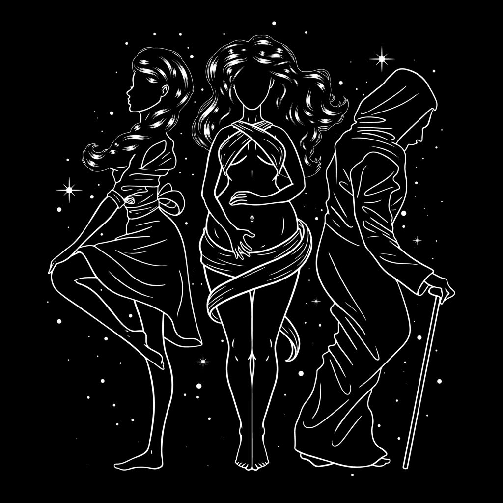 Silhouettes of three women representing different life stages, surrounded by stars on a black background.
