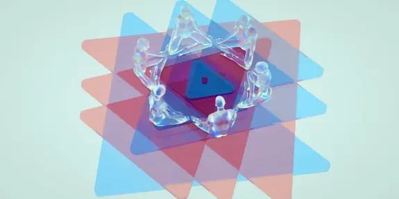 Six translucent figures sit in a circle around a central triangle, set against overlapping red and blue triangles.