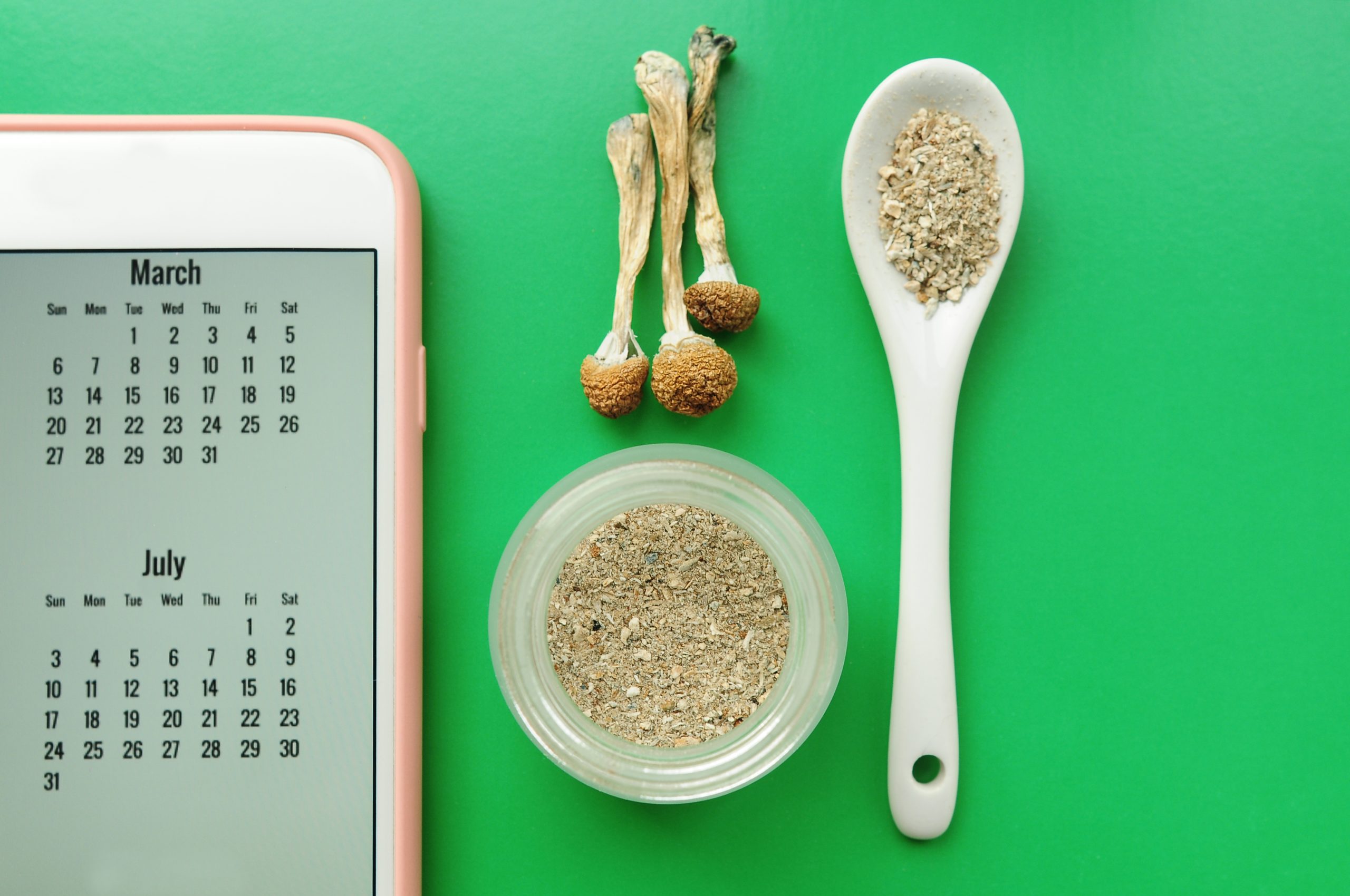Smartphone displaying a calendar, dried mushrooms, a spoon with powder, and a jar of ground substance on a green background.