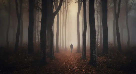 A solitary figure walks through a foggy forest, surrounded by tall trees and fallen autumn leaves.