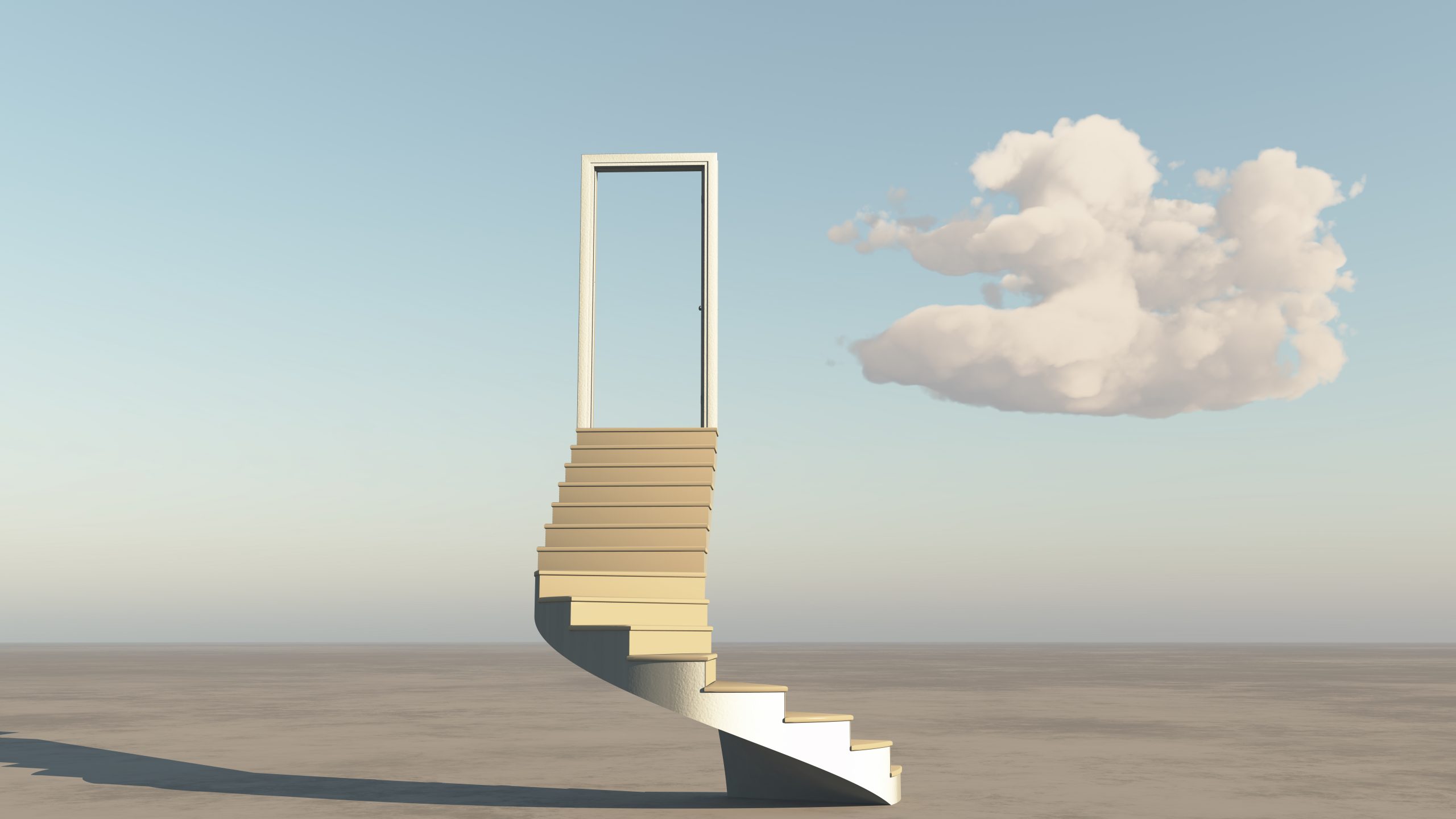 A spiral staircase leads to an open door under a soft, fluffy cloud against a clear sky.
