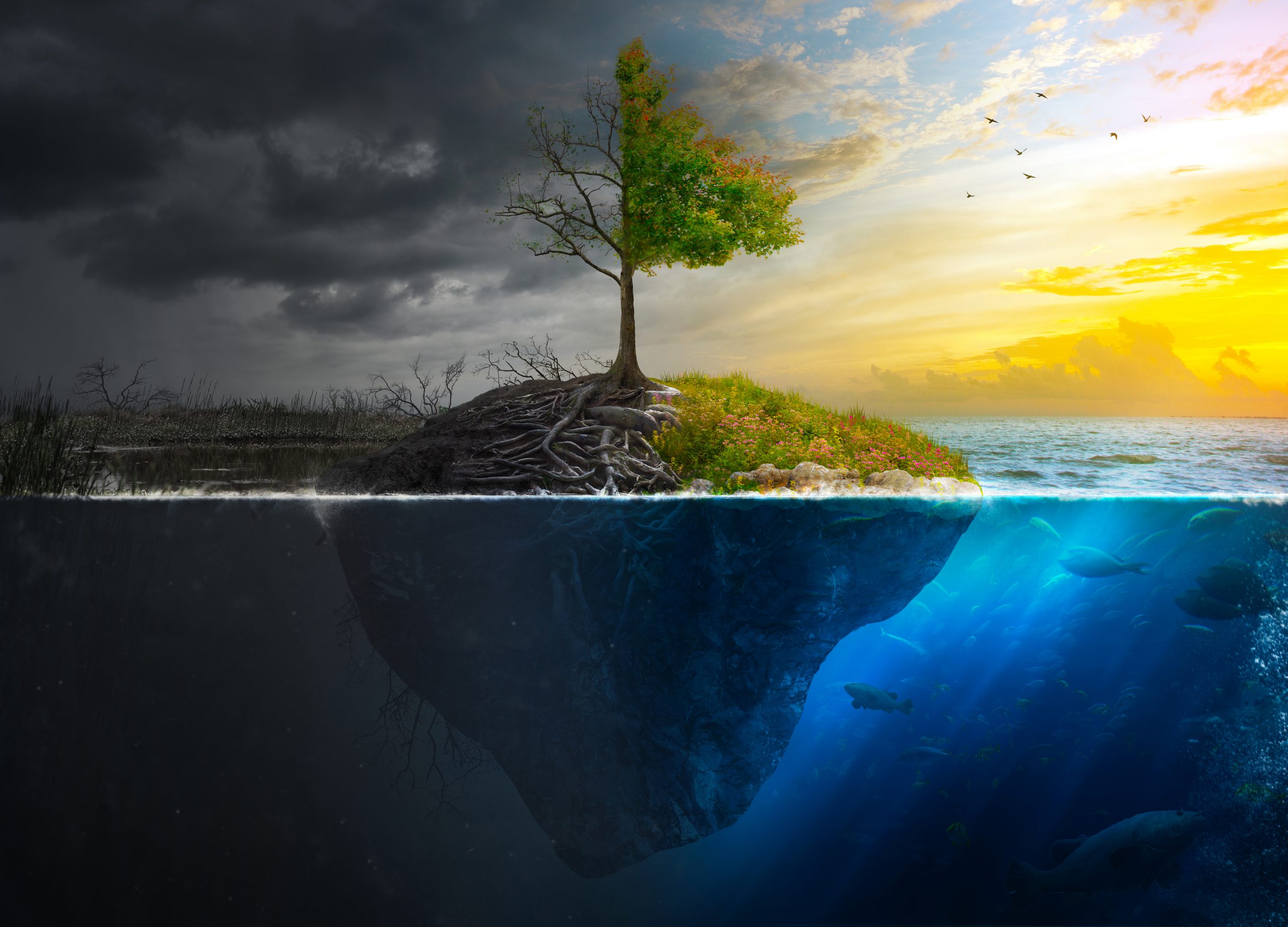 A split landscape showing a vibrant tree on land above water, contrasting with a dark underwater scene teeming with fish.