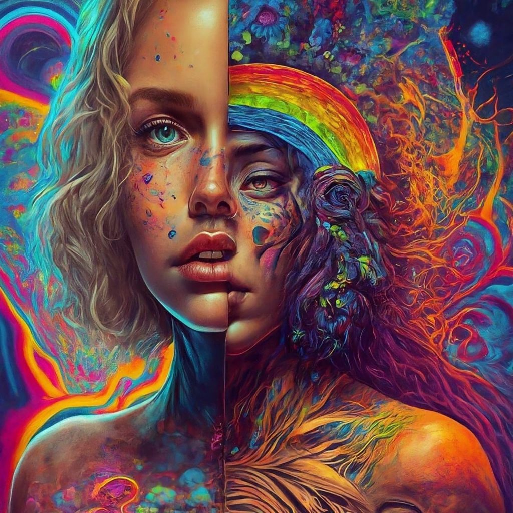 A split portrait of two women, one vibrant and colorful, the other earthy and mystical, blending nature and emotion.