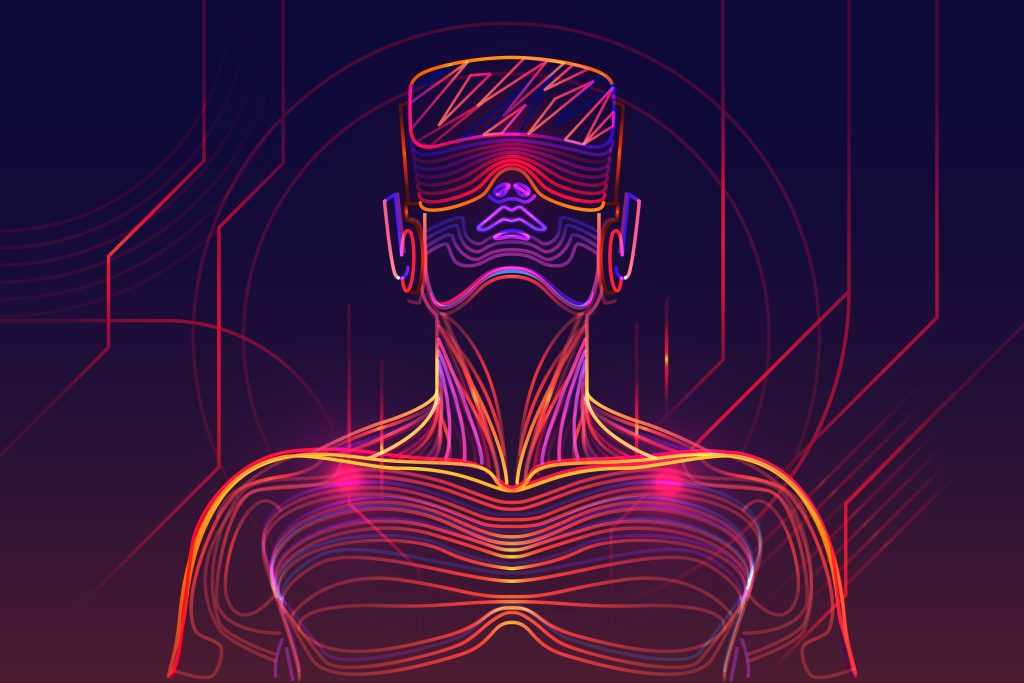 A stylized figure wearing a VR headset, surrounded by vibrant, flowing lines in shades of purple and orange.
