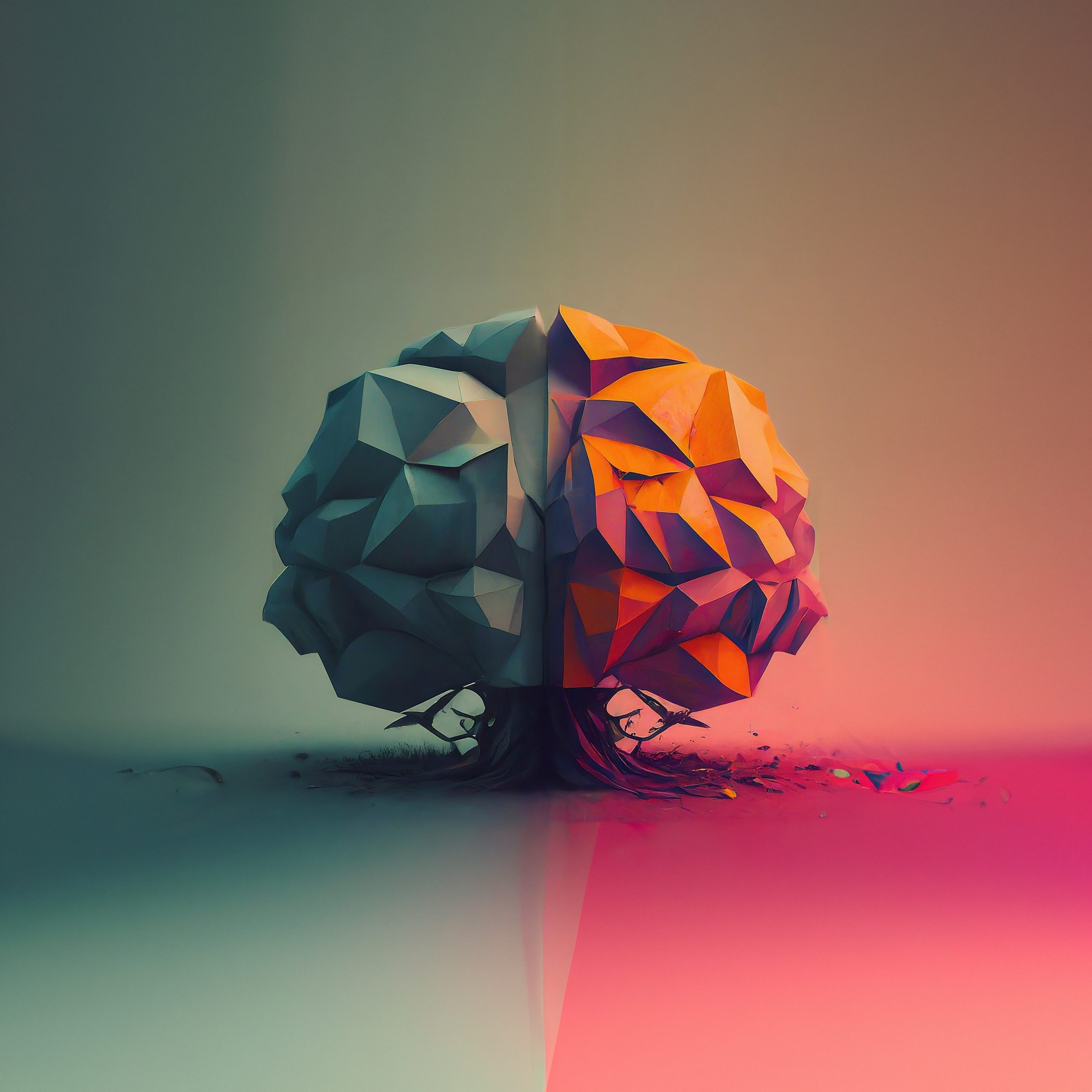 A stylized, geometric brain split in half, one side gray and the other vibrant orange, rooted in a smooth surface.