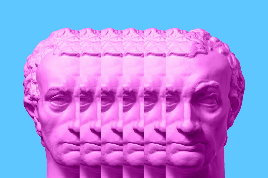 A stylized pink bust of a man, repeated in a sequence against a bright blue background.