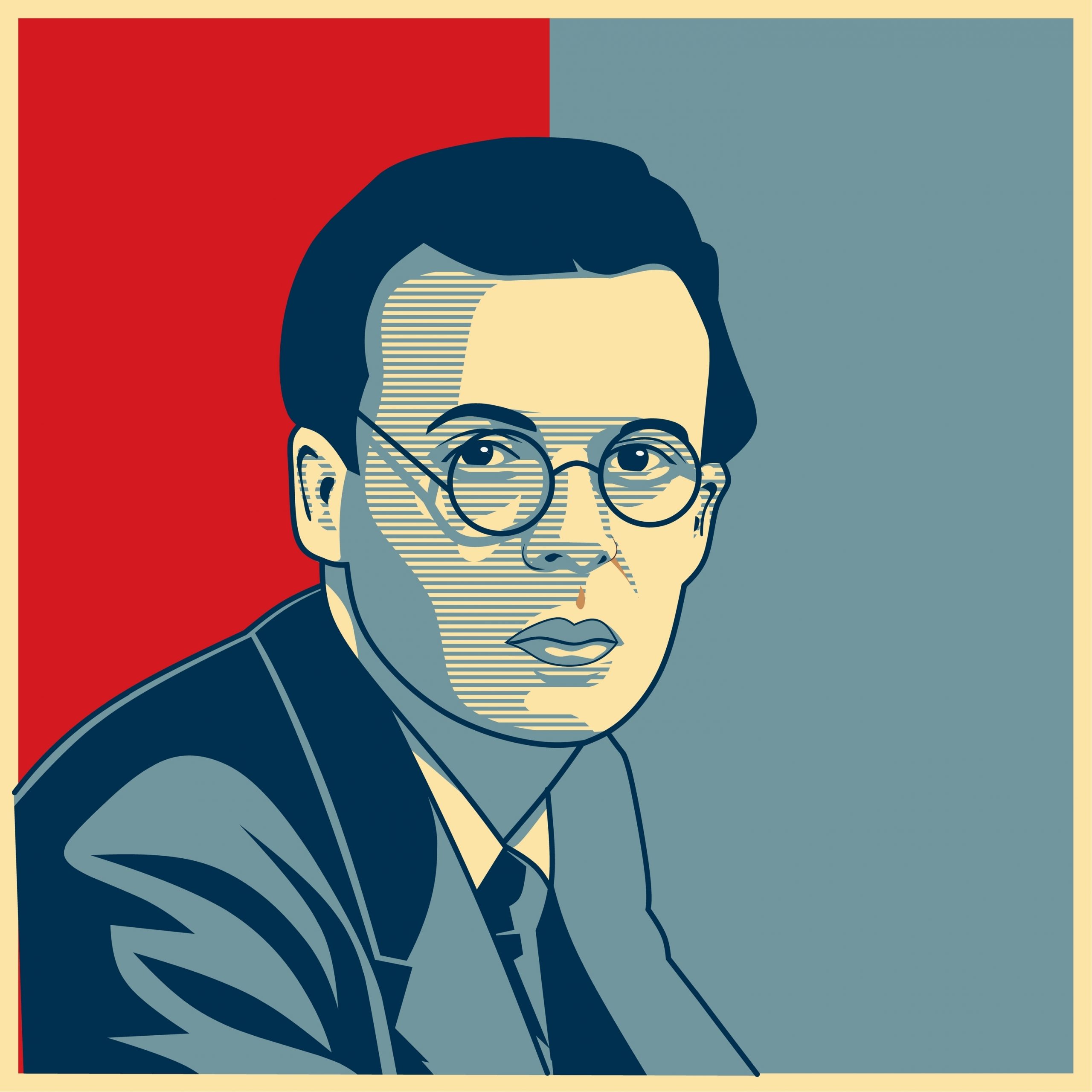 Stylized portrait of a man with glasses, wearing a suit, against a red and blue background.