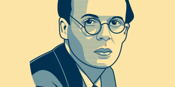 Stylized portrait of a man with glasses, wearing a suit, set against a pale yellow background.