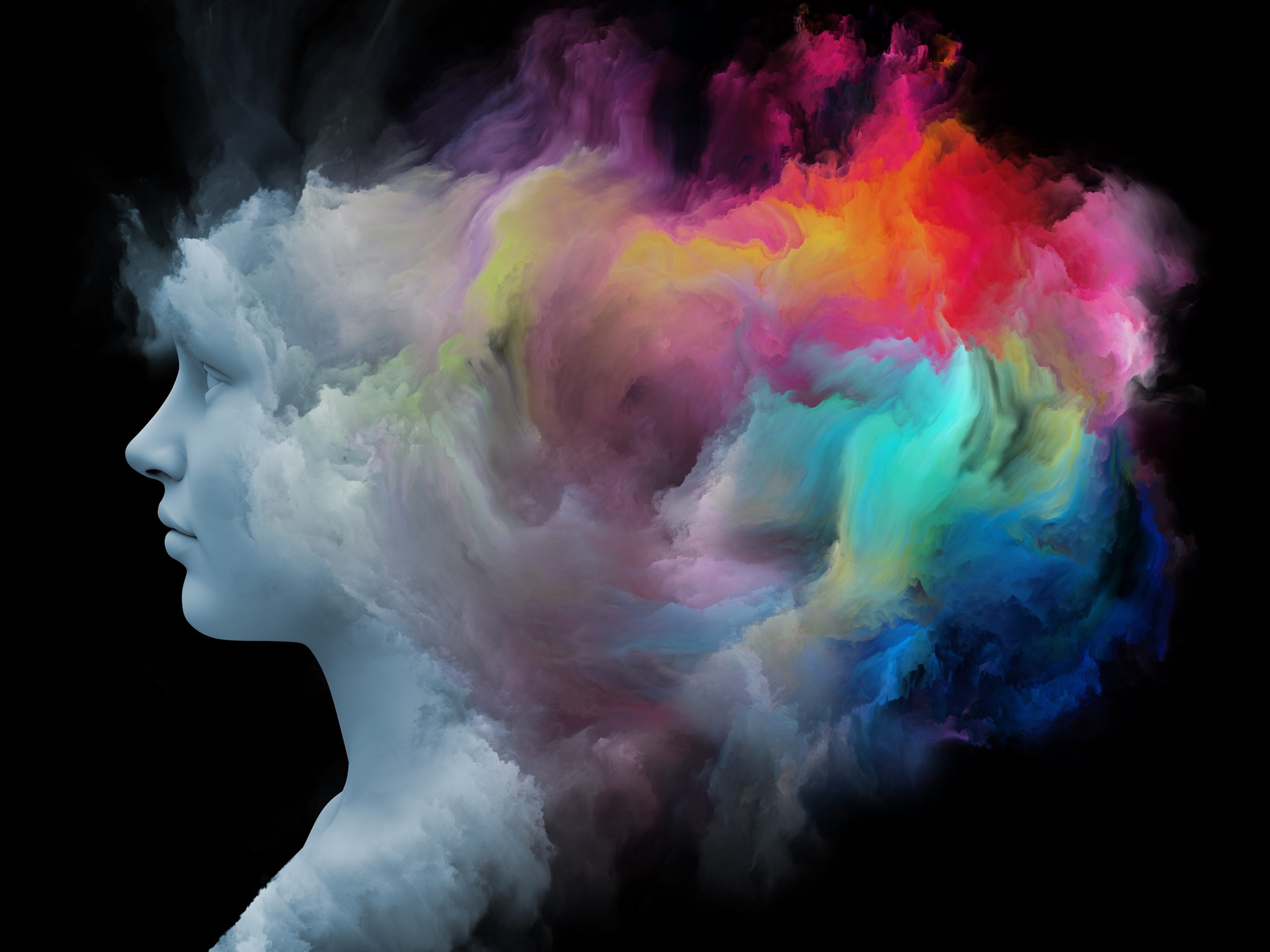 A stylized profile of a woman with vibrant, swirling colors and clouds emanating from her head against a black background.