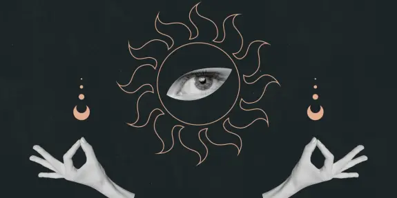A stylized sun with an eye at its center, flanked by hands in a meditative pose and crescent moon symbols.