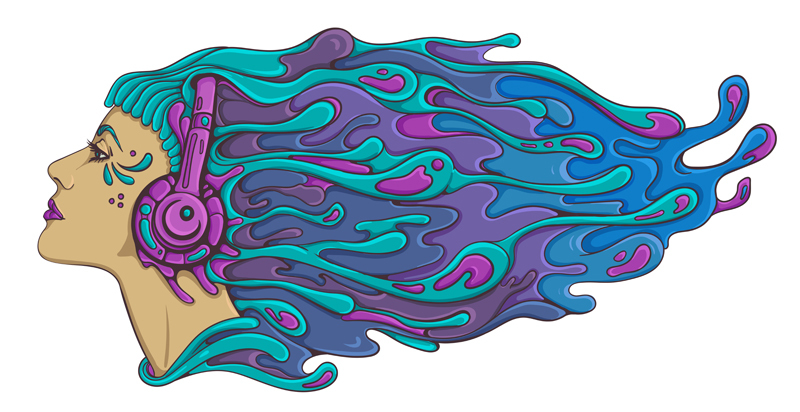 A stylized woman with vibrant, flowing hair in shades of purple and teal, wearing oversized headphones.